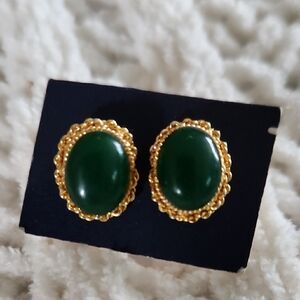 Vintage Jade And Gold Over Sliver Oval Earrings